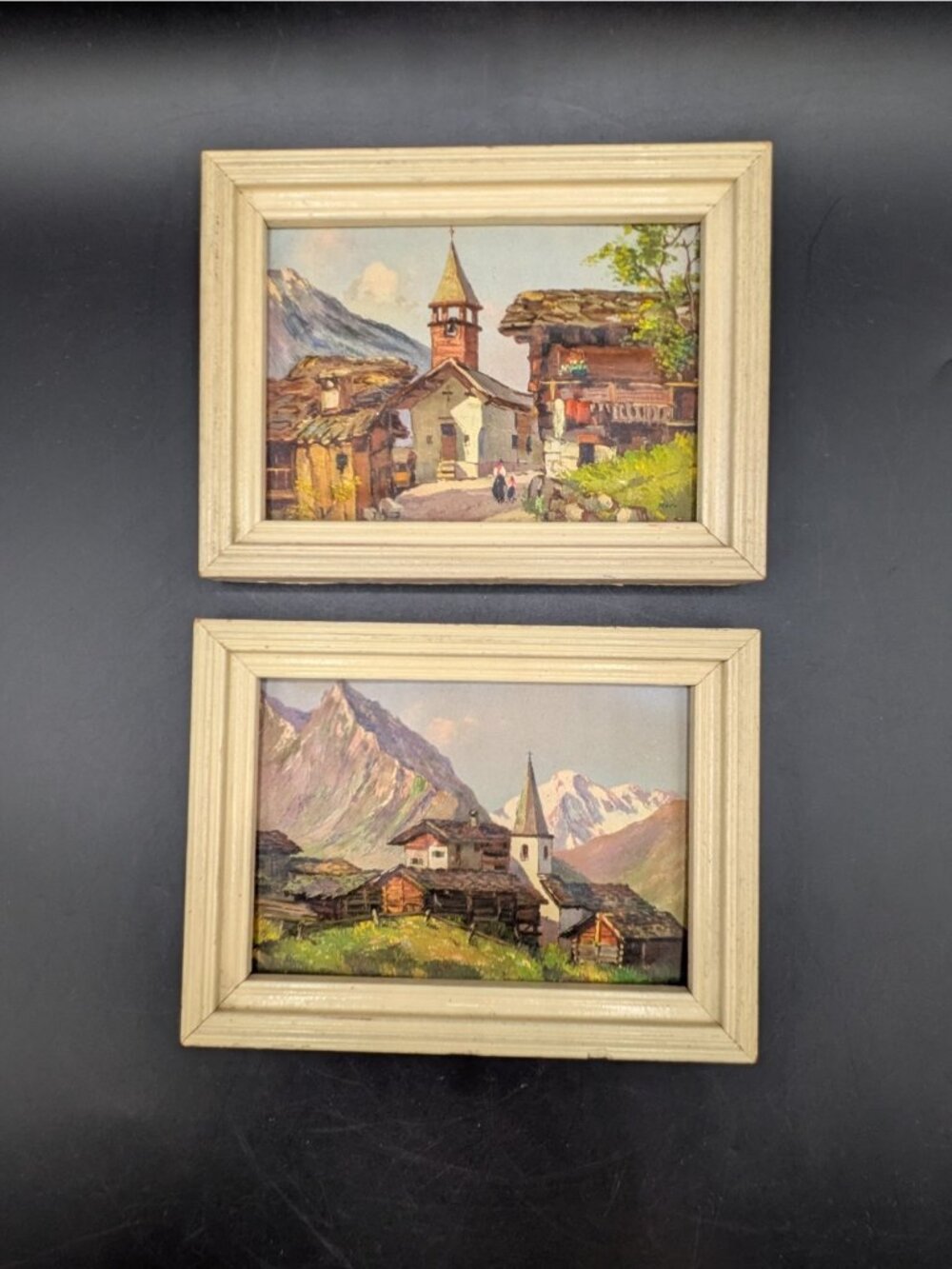Vtg Original Embossed 3D European Landscape Paintings Set of 2 Signed Framed 5x7